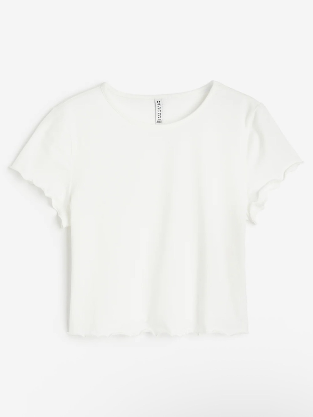 H&M White Ribbed Lettuce-Edge Crewneck Tee
